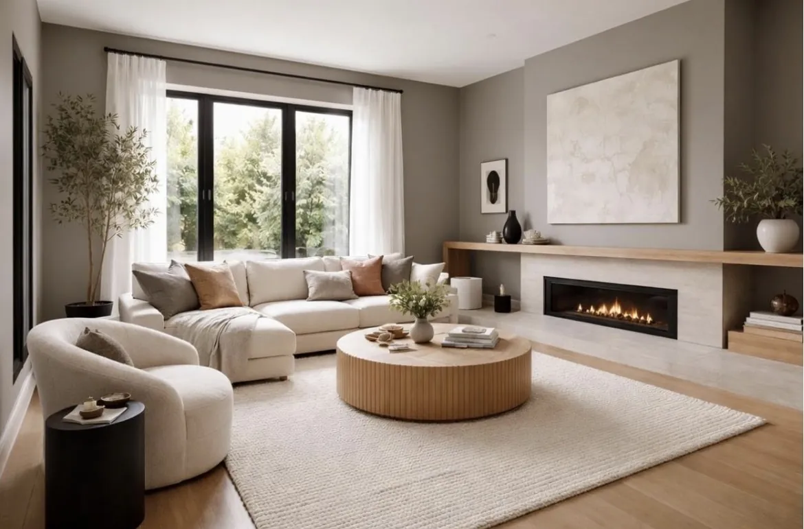 Sala em tons de cinza com painel decorativo texturizado e lareira
